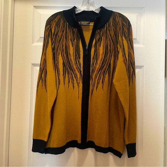 Bob Mackie Cardigan Wearable Art Tan Black Feather Print Vintage Style Size XL - Picture 1 of 5